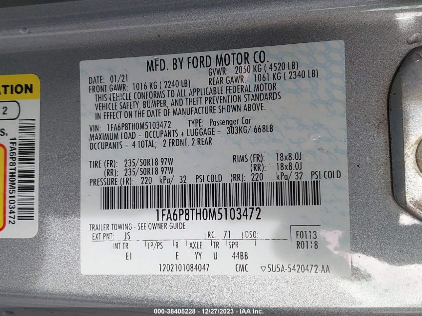 2021 FORD MUSTANG ECOBOOST PREMIUM FASTBACK - 1FA6P8TH0M5103472