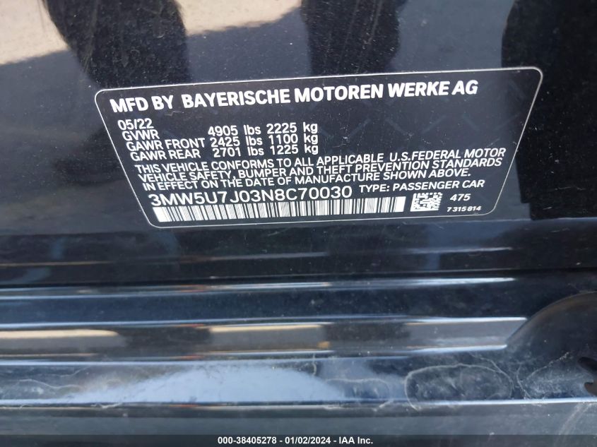 2022 BMW 3 SERIES - 3MW5U7J03N8C70030