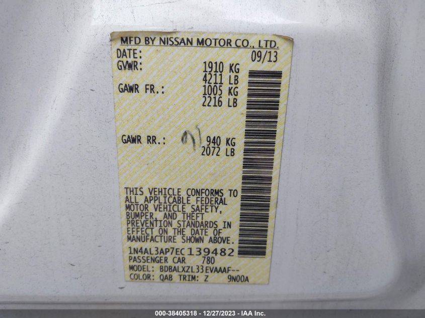 2014 NISSAN ALTIMA 2.5 SL - 1N4AL3AP7EC139482