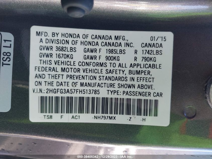 2015 HONDA CIVIC LX - 2HGFG3A57FH513785