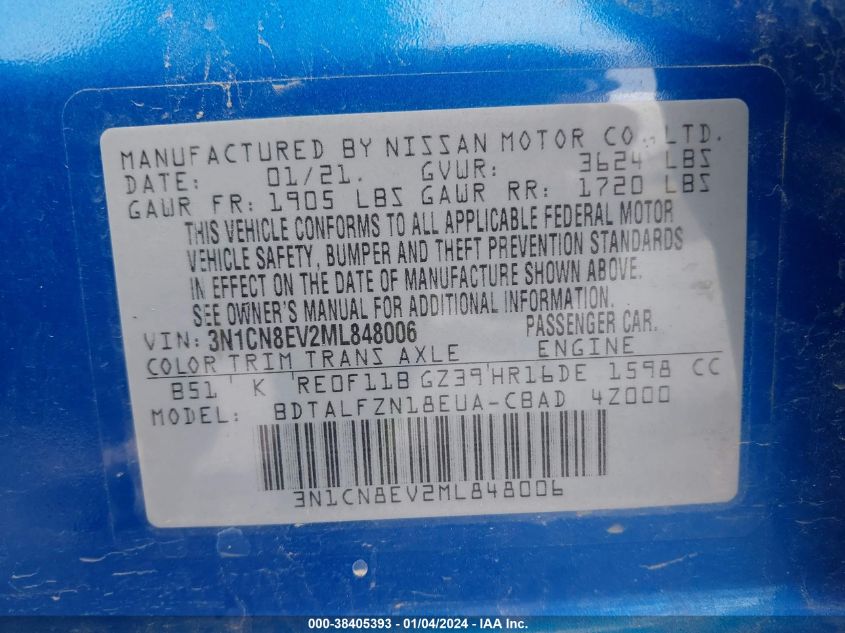 2021 NISSAN VERSA SV XTRONIC CVT - 3N1CN8EV2ML848006
