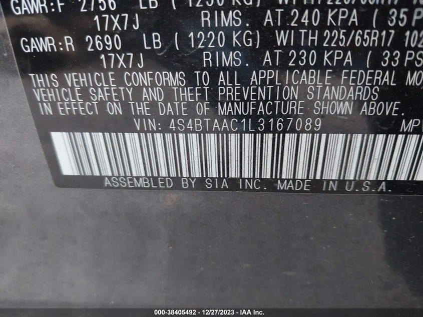 VIN 4S4BTAAC1L3167089 2020 SUBARU OUTBACK