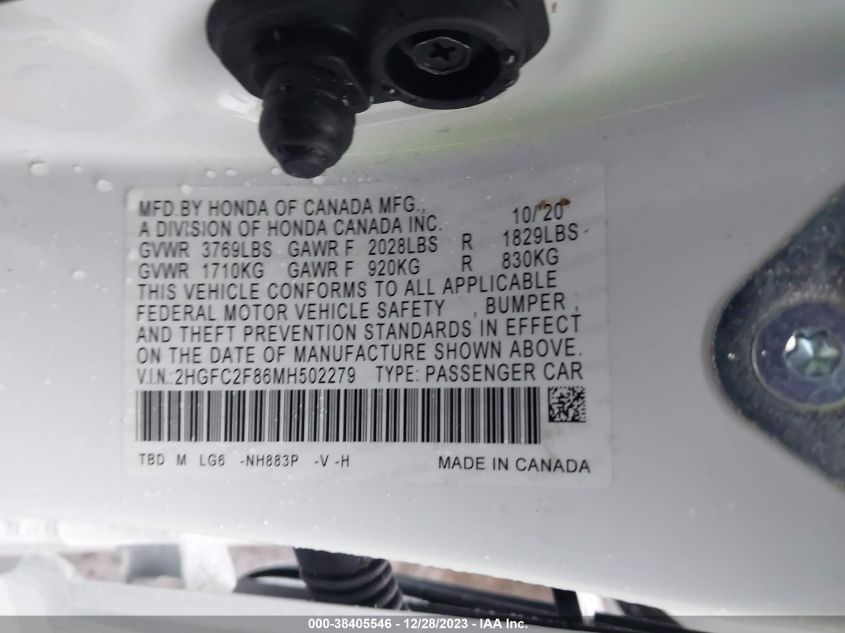 2021 HONDA CIVIC SPORT - 2HGFC2F86MH502279