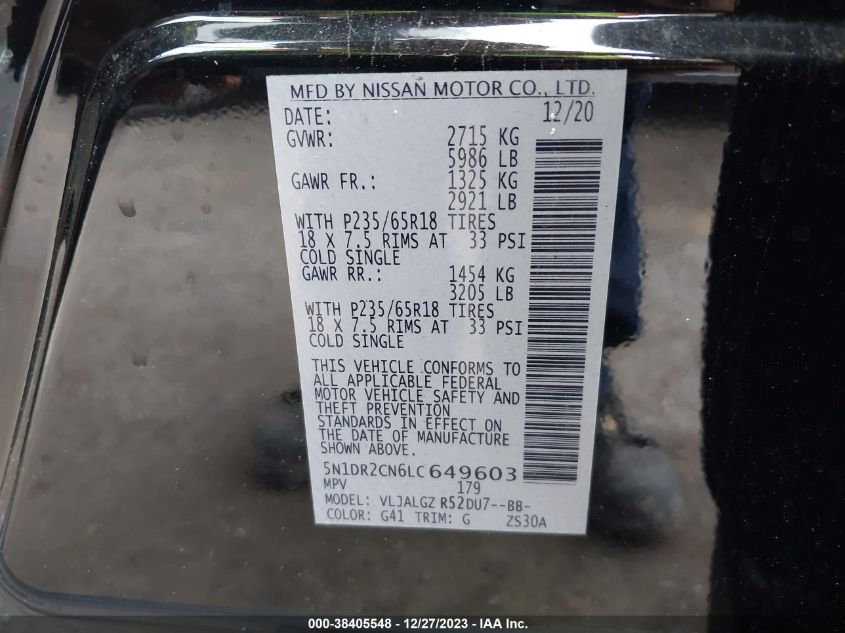 2020 NISSAN PATHFINDER SL 2WD - 5N1DR2CN6LC649603