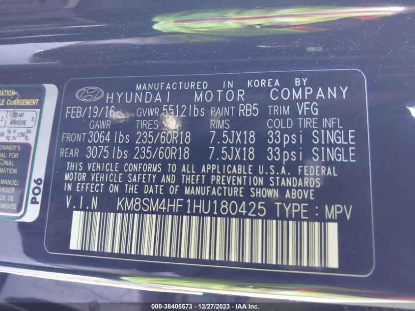 2017 HYUNDAI SANTA FE SE - KM8SM4HF1HU180425