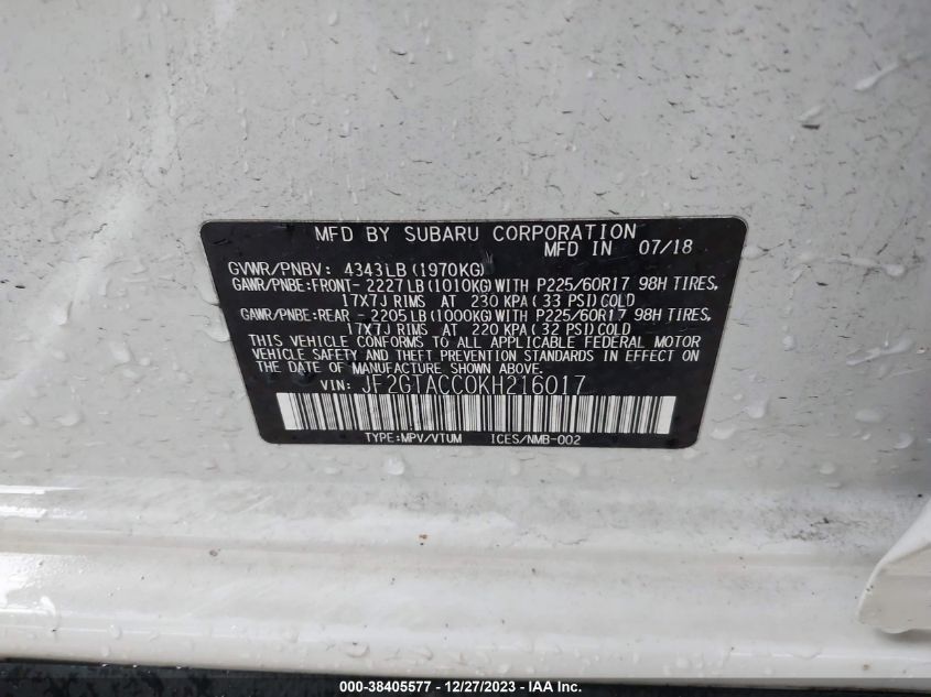 2019 SUBARU CROSSTREK 2.0I PREMIUM - JF2GTACC0KH216017