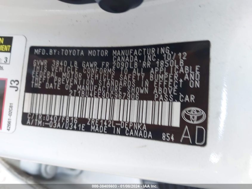 2013 TOYOTA COROLLA LE - 2T1BU4EE9DC967906