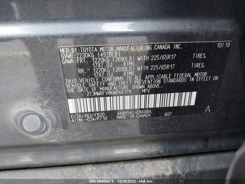 VIN 2T3MWRFV8KW046178 2019 TOYOTA RAV4 HYBRID LE