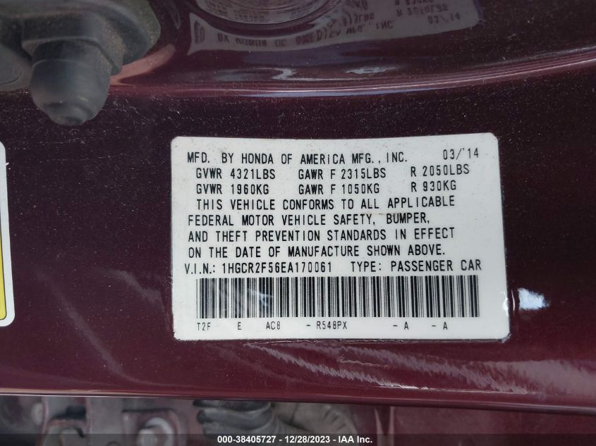 1HGCR2F56EA170061 | 2014 HONDA ACCORD