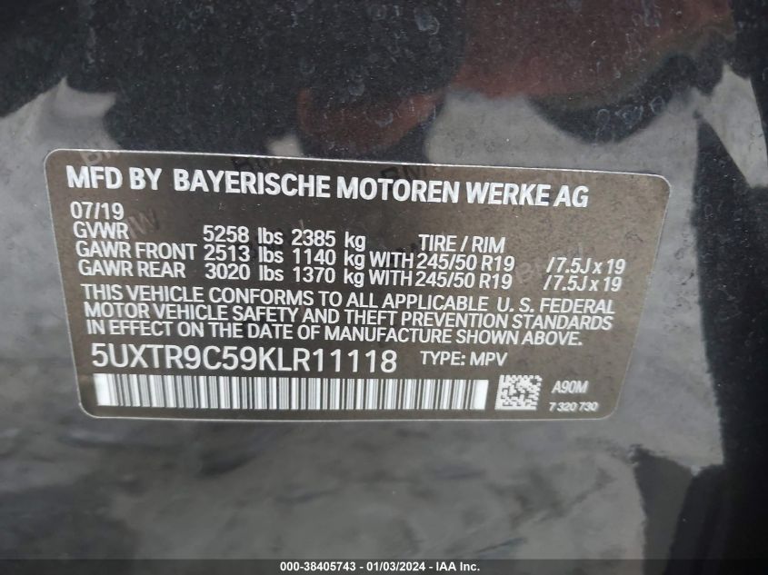 5UXTR9C59KLR11118 2019 BMW X3, photo no. 9