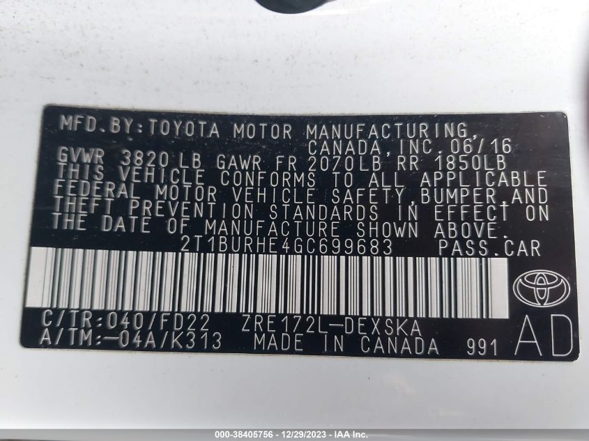 2016 TOYOTA COROLLA S - 2T1BURHE4GC699683