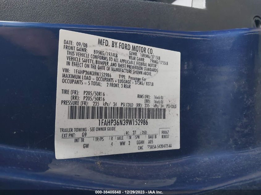 1FAHP36N39W152986 | 2009 FORD FOCUS