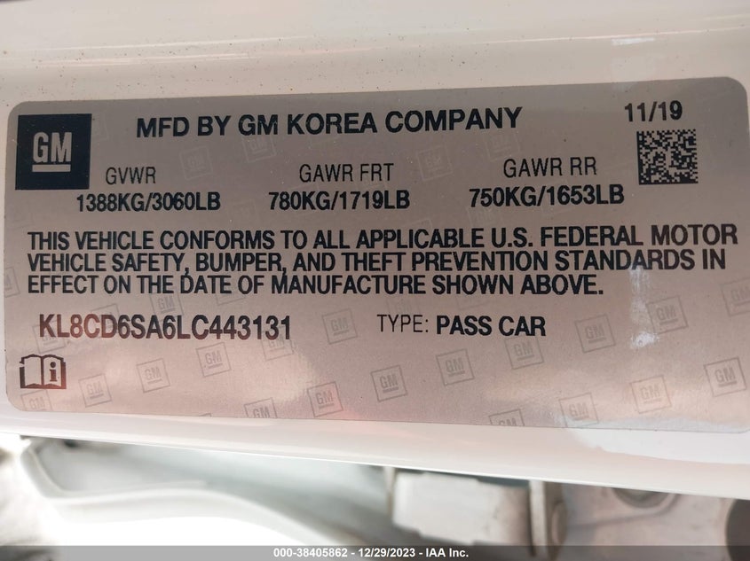 VIN KL8CD6SA6LC443131 2020 CHEVROLET SPARK FWD 1LT AUTOMATIC