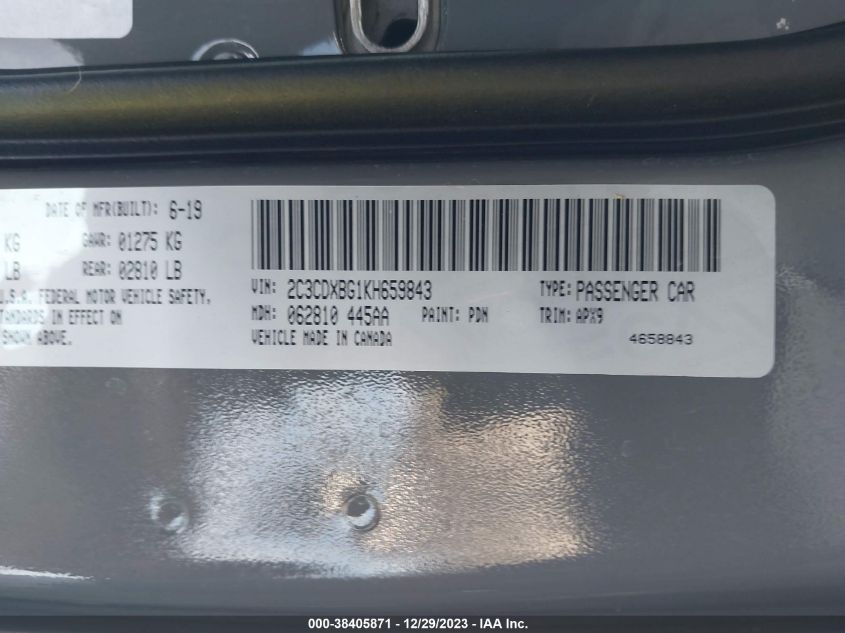 2019 DODGE CHARGER SXT RWD - 2C3CDXBG1KH659843