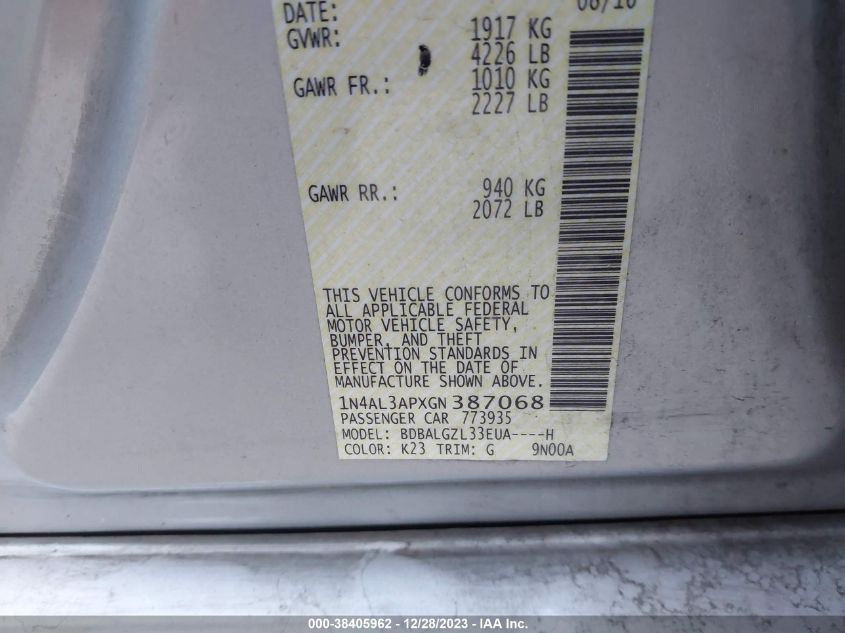 2016 NISSAN ALTIMA 2.5/S/SV/SL/SR - 1N4AL3APXGN387068