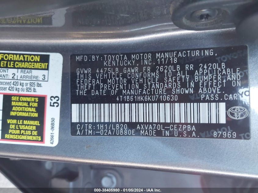 2019 TOYOTA CAMRY XSE - 4T1B61HK6KU710630