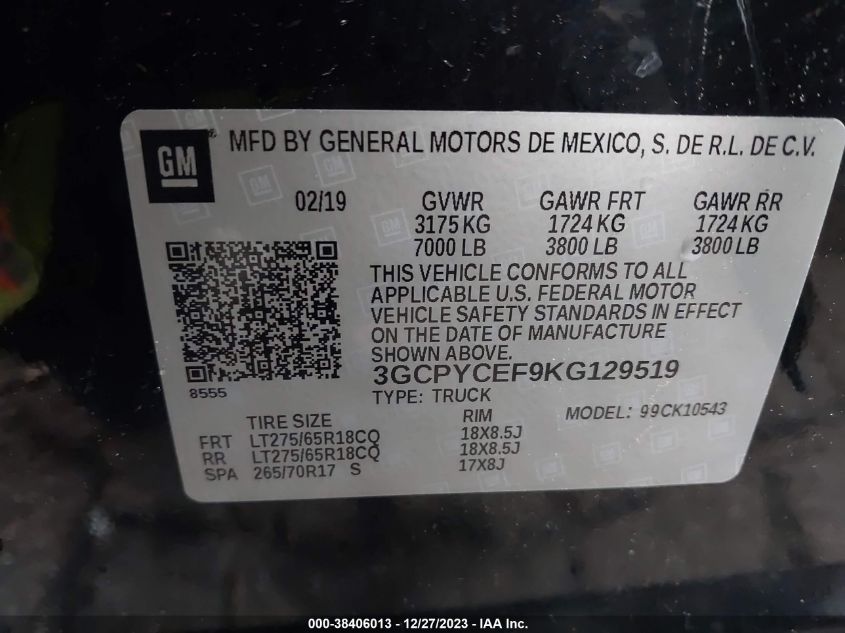 2019 CHEVROLET SILVERADO 1500 CUSTOM TRAIL BOSS - 3GCPYCEF9KG129519