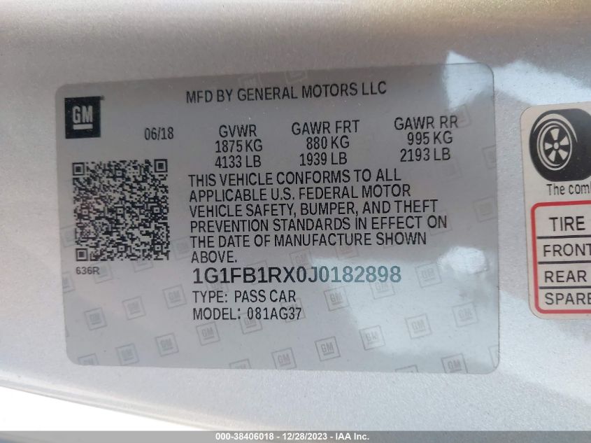 2018 CHEVROLET CAMARO LT - 1G1FB1RX0J0182898