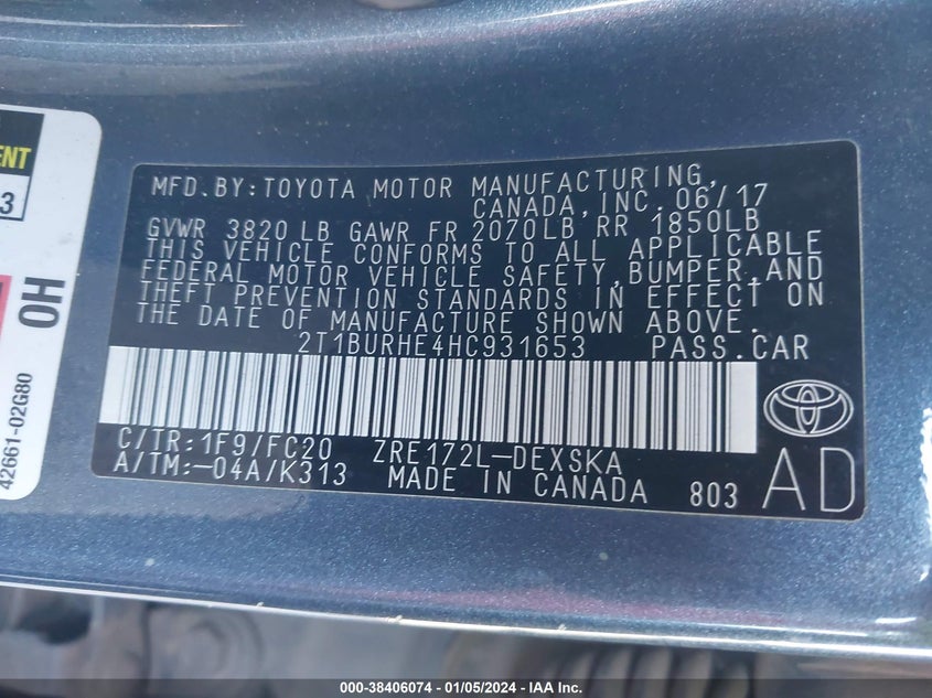 VIN 2T1BURHE4HC931653 2017 TOYOTA COROLLA SE