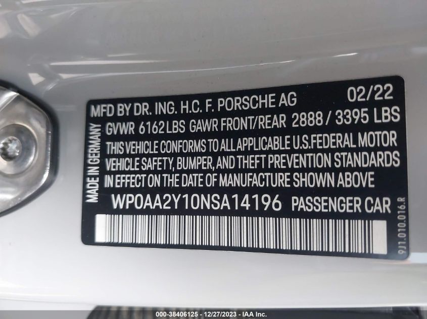 2022 PORSCHE TAYCAN WP0AA2Y10NSA14196