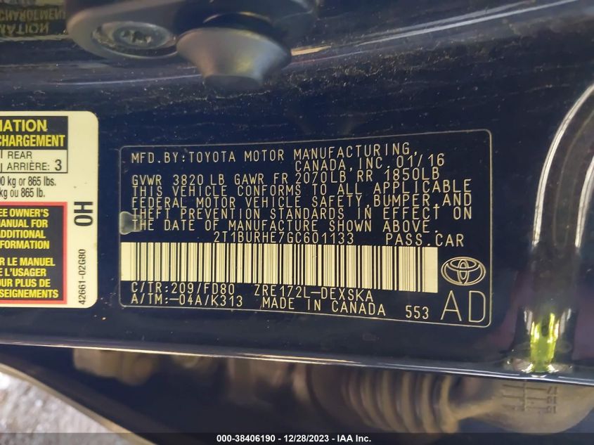 2016 TOYOTA COROLLA L/LE/LE PLS/PRM/S/S PLS - 2T1BURHE7GC601133