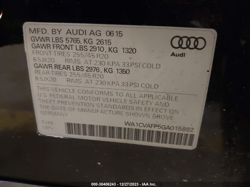 2016 AUDI Q5 3.0 TDI PREMIUM PLUS - WA1CVAFP5GA015892