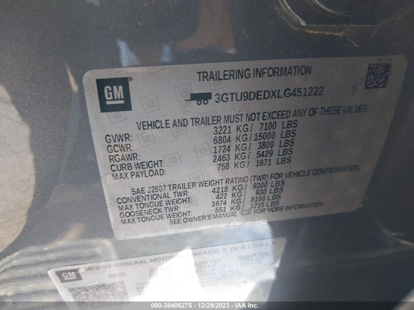 2020 GMC SIERRA 1500 4WD  SHORT BOX SLT - 3GTU9DEDXLG451222