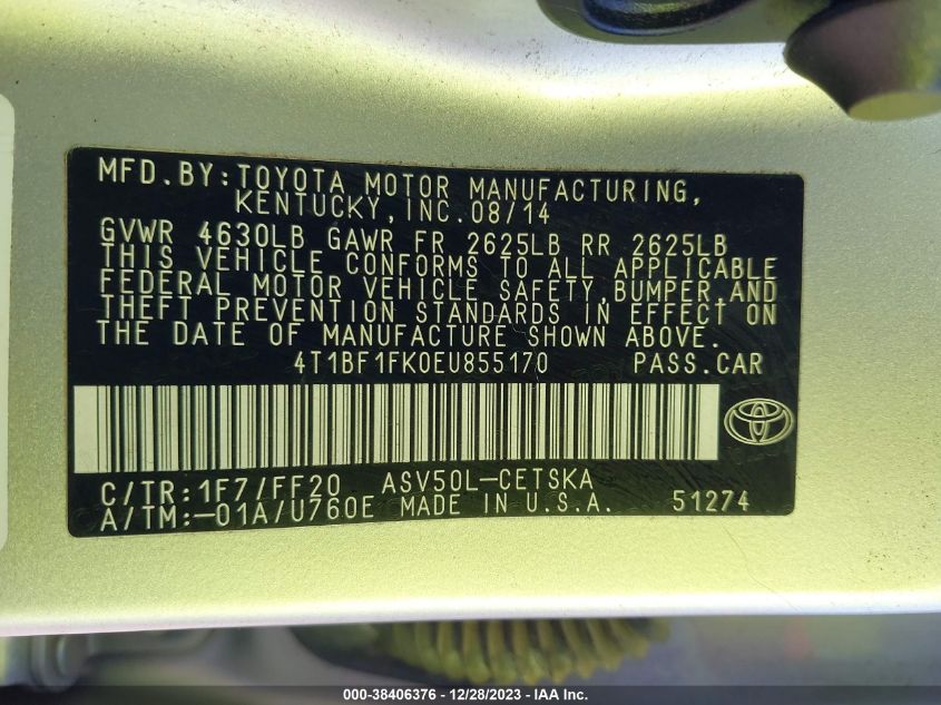 4T1BF1FK0EU855170 | 2014 TOYOTA CAMRY