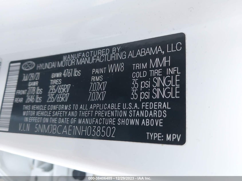 VIN 5NMJBCAE1NH038502 2022 HYUNDAI TUCSON SEL