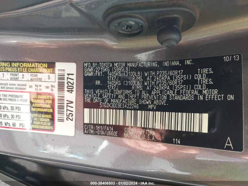 2014 TOYOTA SIENNA L V6 7 PASSENGER - 5TDZK3DC9ES422246