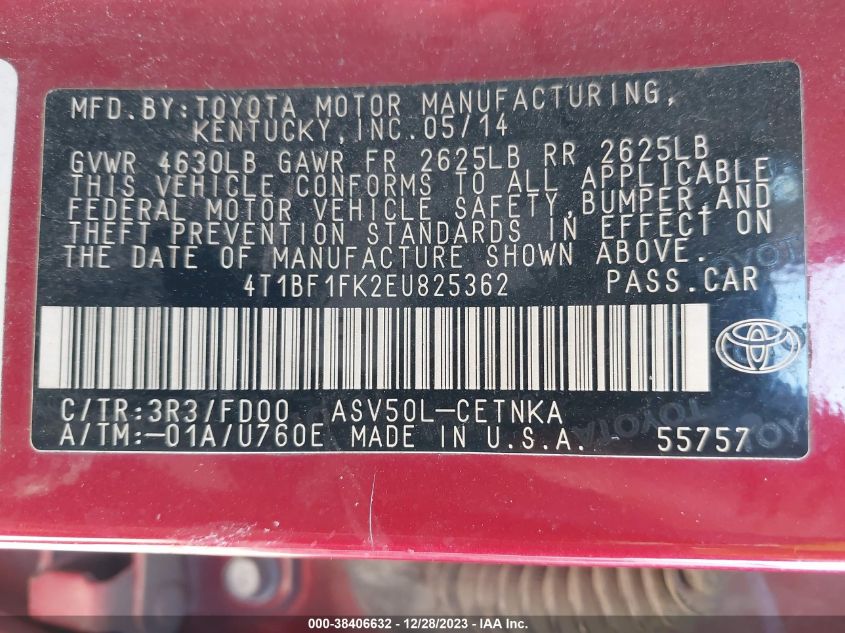 2014 TOYOTA CAMRY LE - 4T1BF1FK2EU825362