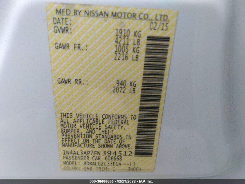 2015 NISSAN ALTIMA 2.5 S - 1N4AL3AP7FN394512