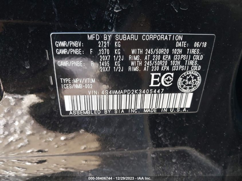 2019 SUBARU ASCENT LIMITED - 4S4WMAPD2K3405447