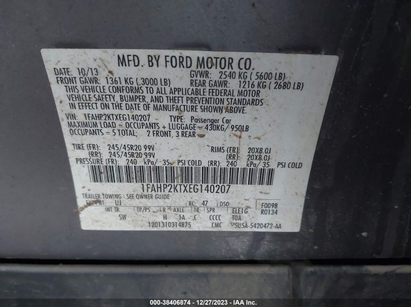 2014 FORD TAURUS SHO - 1FAHP2KTXEG140207