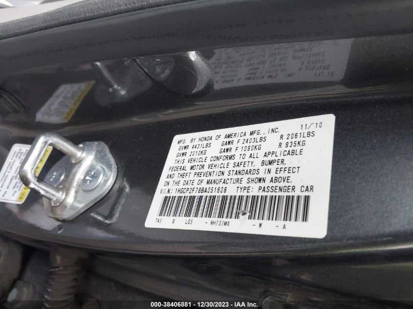 1HGCP2F78BA051608 | 2011 HONDA ACCORD