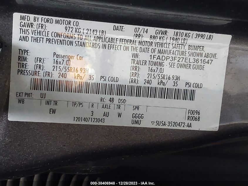 2014 FORD FOCUS SE - 1FADP3F27EL361647