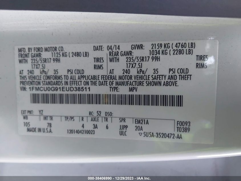 2014 FORD ESCAPE SE - 1FMCU0G91EUD38511