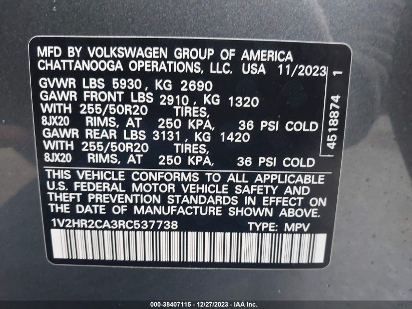 2024 VOLKSWAGEN ATLAS 2.0T SE W/TECHNOLOGY - 1V2HR2CA3RC537738