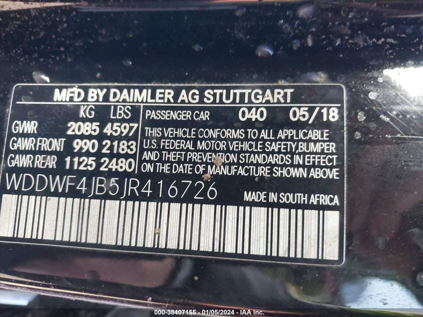 VIN WDDWF4JB5JR416726 2018 MERCEDES-BENZ C 300