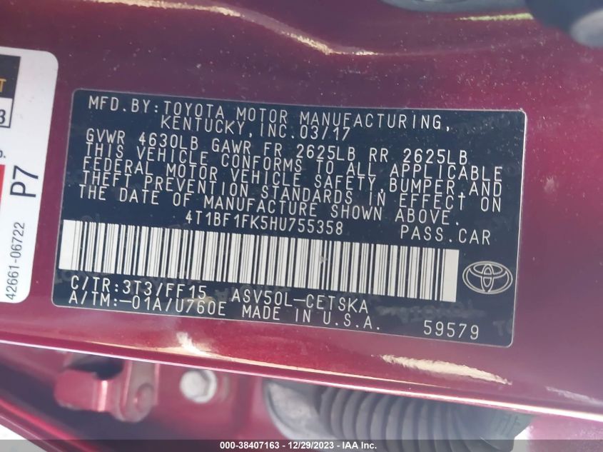 2017 TOYOTA CAMRY LE/XLE/SE/XSE - 4T1BF1FK5HU755358