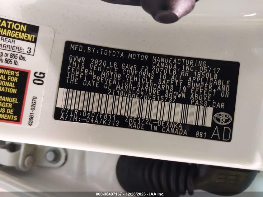 2017 TOYOTA COROLLA L/LE/XLE/SE/XSE - 2T1BURHE7HC915737
