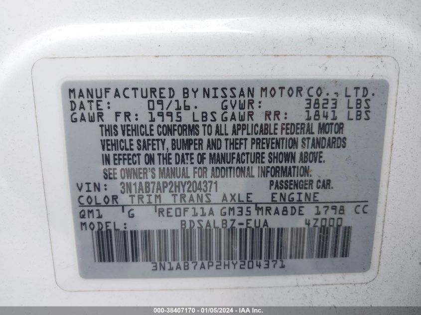 2017 NISSAN SENTRA S/SV/SR/SL - 3N1AB7AP2HY204371