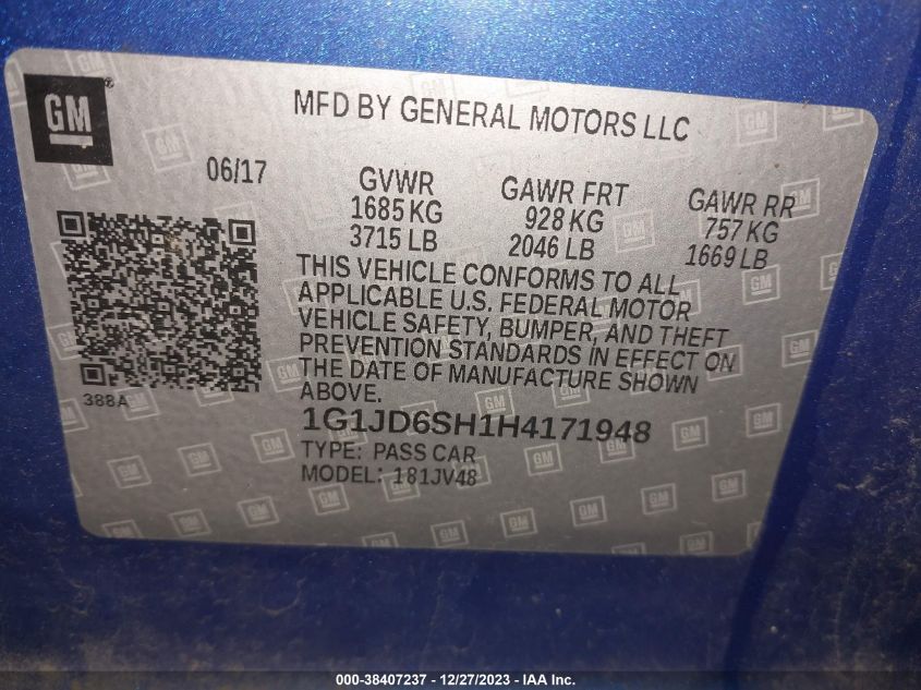 2017 CHEVROLET SONIC LT AUTO - 1G1JD6SH1H4171948