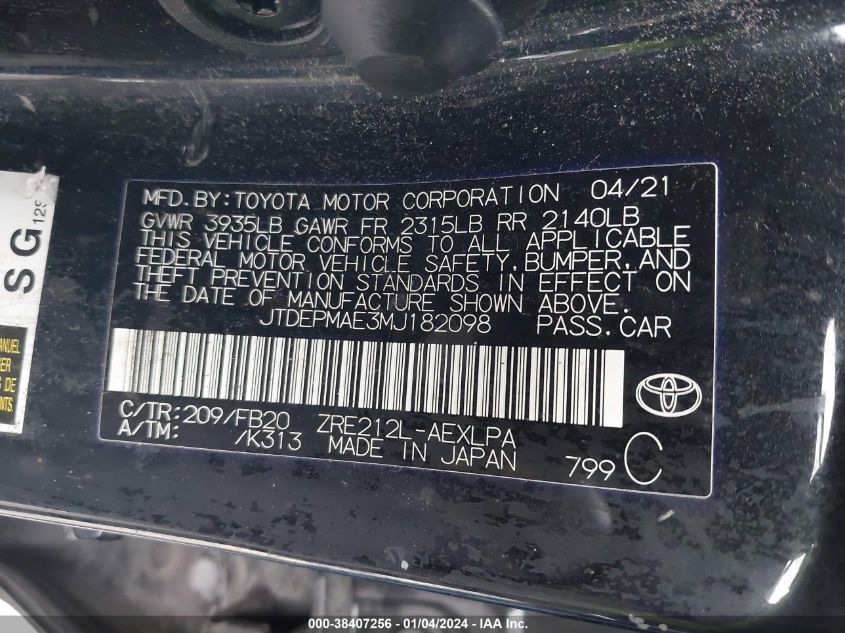 2021 TOYOTA COROLLA LE - JTDEPMAE3MJ182098