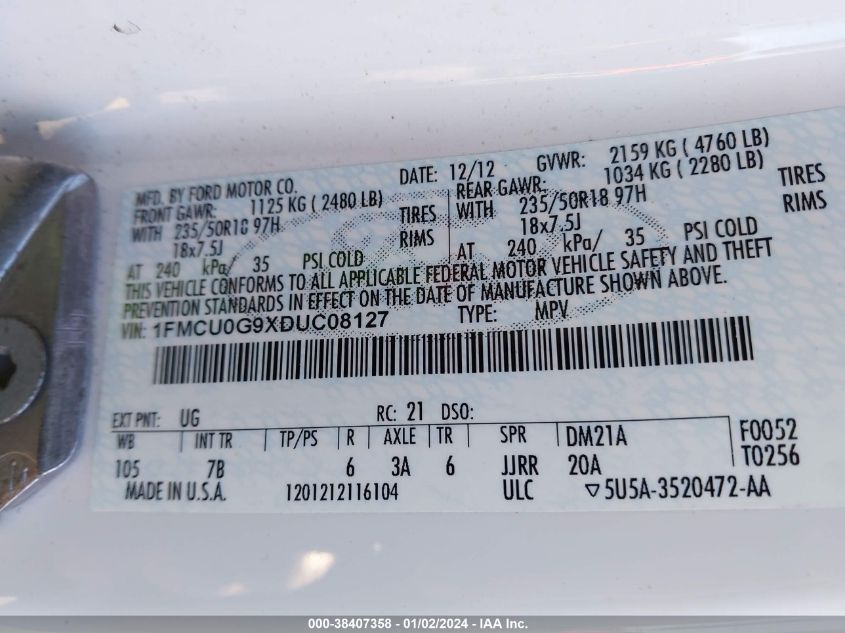 2013 FORD ESCAPE SE - 1FMCU0G9XDUC08127