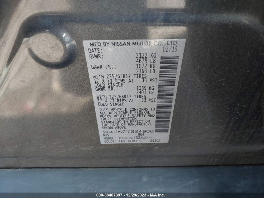 2015 NISSAN ROGUE S/SL/SV - 5N1AT2MV7FC834900