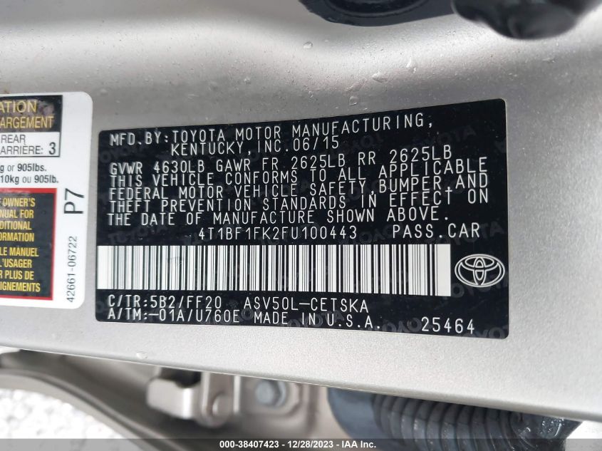 2015 TOYOTA CAMRY LE/XLE/SE/XSE - 4T1BF1FK2FU100443