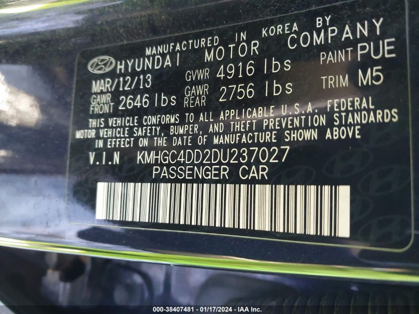 2013 HYUNDAI GENESIS 3.8 - KMHGC4DD2DU237027