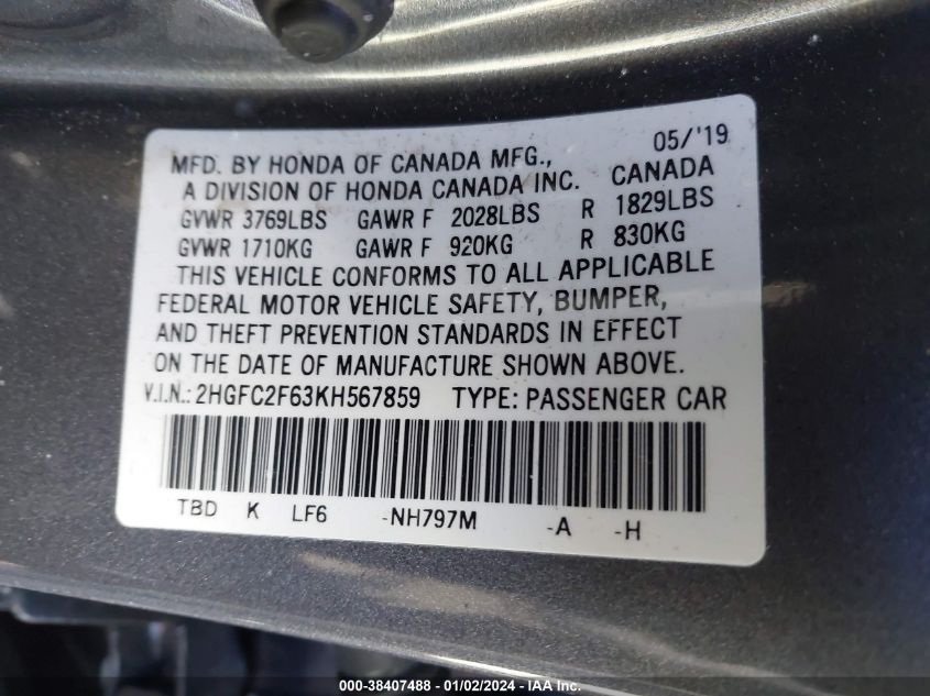 2019 HONDA CIVIC LX - 2HGFC2F63KH567859