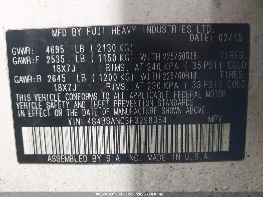 2015 SUBARU OUTBACK 2.5I LIMITED - 4S4BSANC3F3298364